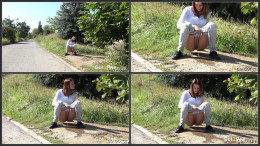 Brunette Victoria squats and pees on the ground