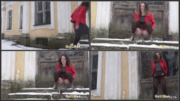 Brunette pees over steps in front of friend