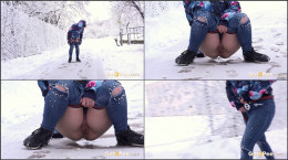 Gorgeous European squats in the snow to piss