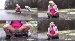 Hot blonde relieves piss desperation in the rain