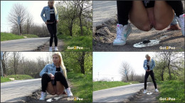 Sexy blonde squats and pees on the ground outside