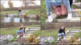 Claudia Macc squats and pees in the river