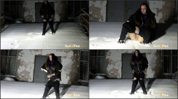 European babe squats in deep snow to piss