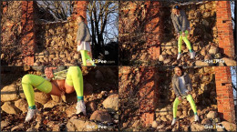 European babe squats to piss over rubble