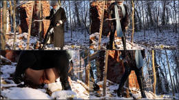 Sexy European babe squats in the snow to pee