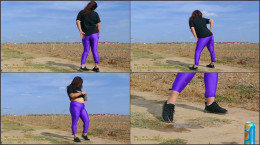 Fat Brunette Pee In Her Plum Tights Outdoor And Make A Big Puddle Of Pee In The Dust