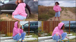 Hipster Redhead Changes Wet Clothes And Pee Outdoor Girl With A Hoodie Pee Trough Her Jeans