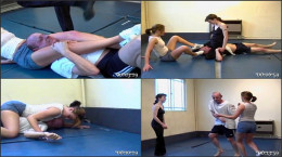 Two thin woman wrestle with a man