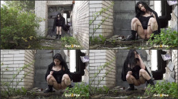 Raven haired goth squats to pee outside