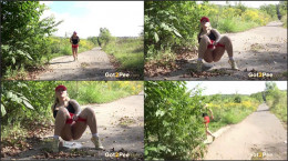 Sexy blonde squatting to pee outside on a road