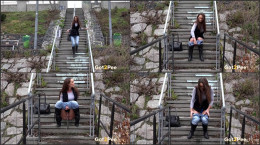 Sexy brunette babe pisses in public on some steps